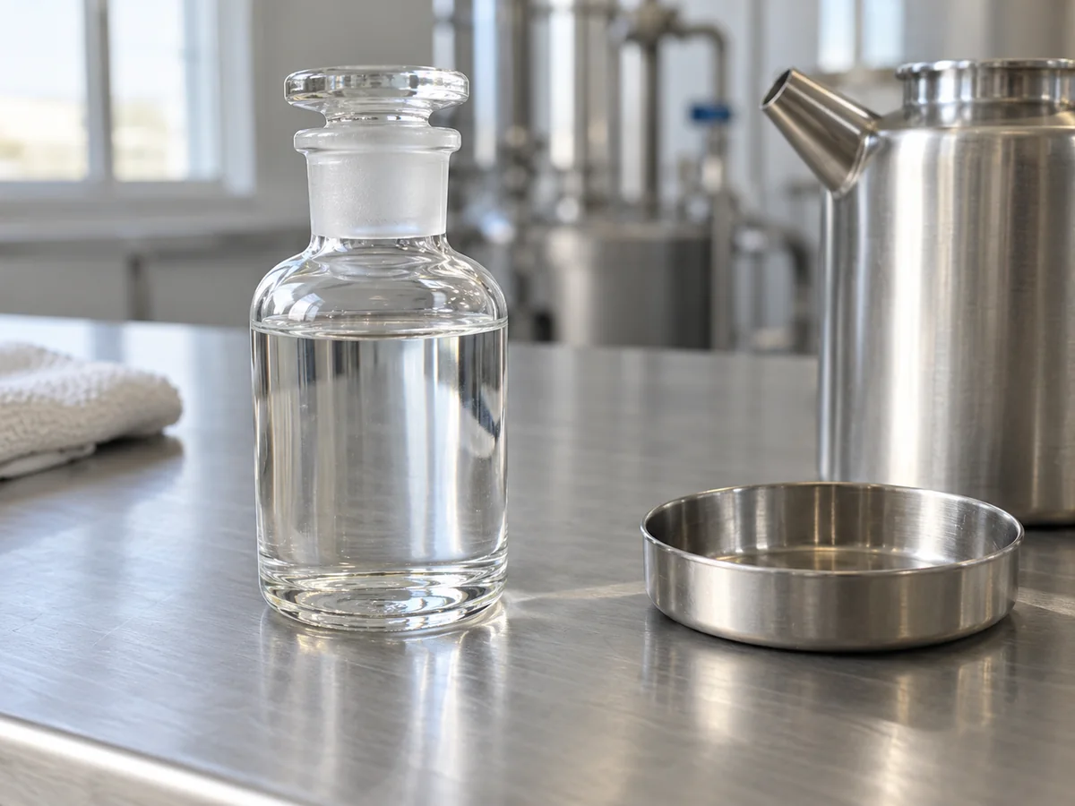 Colourless sample on an industrial workbench — illustrative image