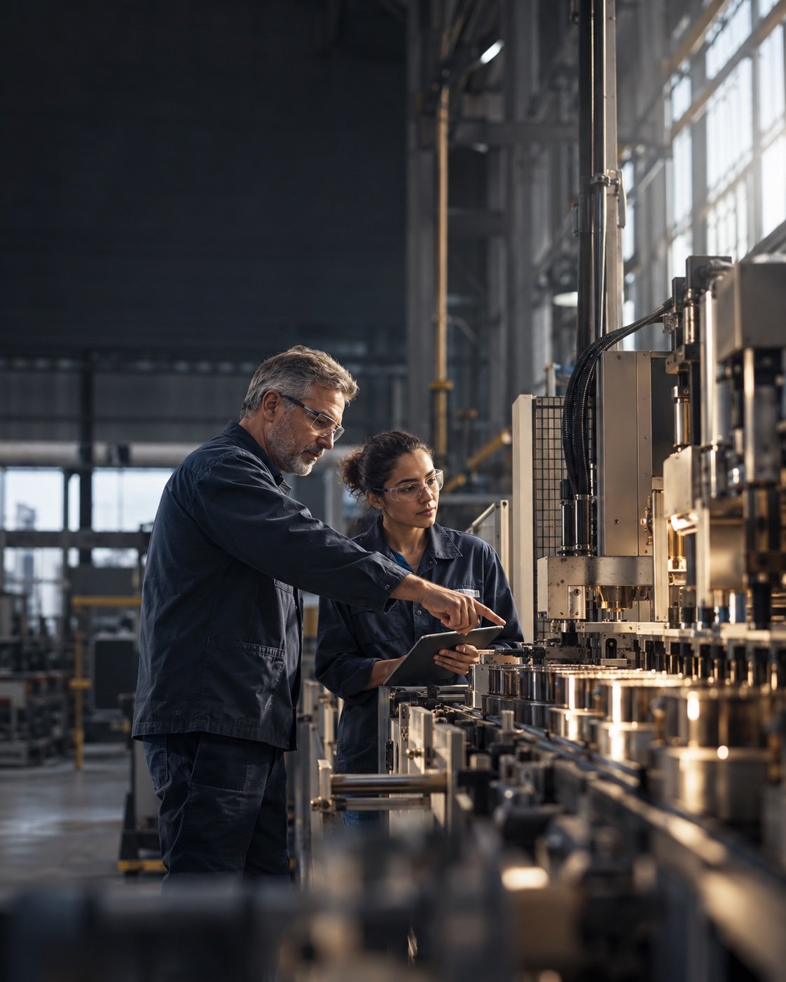Profissionais conferindo uma linha industrial e sua capacidade de produção — fotografia ilustrativa.
