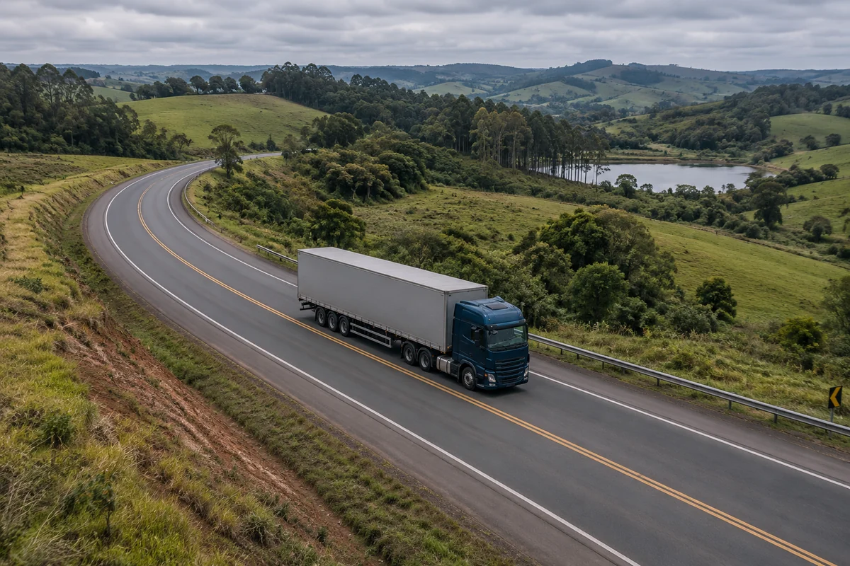 Transporte rodoviário conectando origem, atendimento e destino — fotografia ilustrativa.
