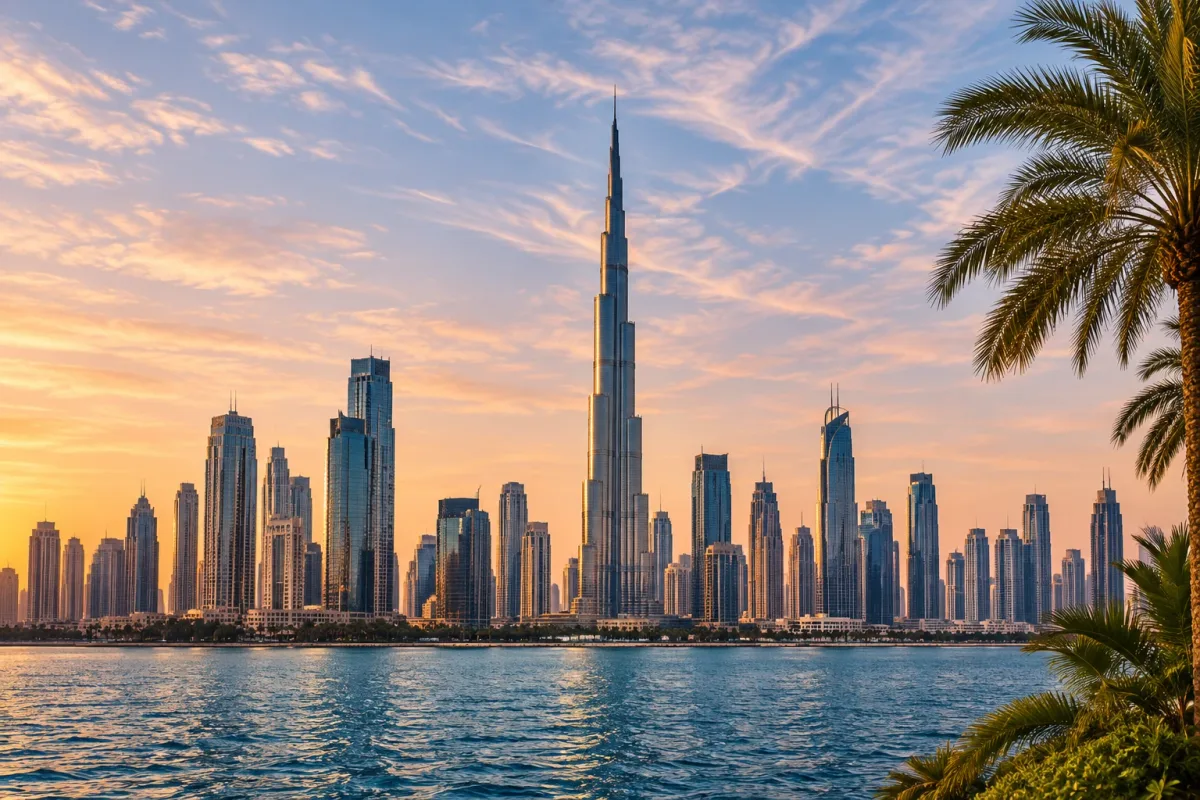 Horizonte de Dubai ao entardecer — imagem ilustrativa de destino.